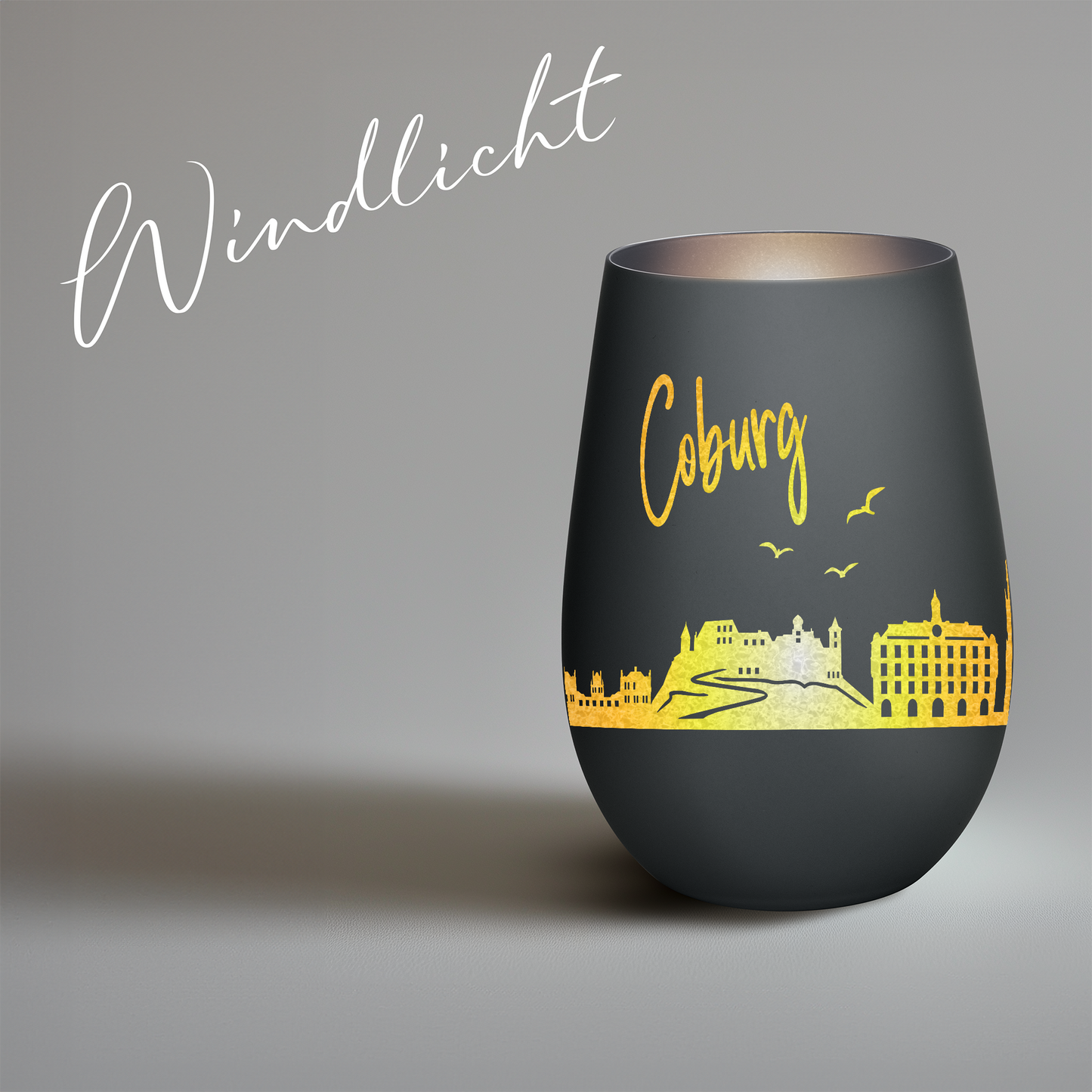 Hochwertiges Glas Windlicht mit Gravur "SKYLINE COBURG" in der Farbe Schwarz/Silber