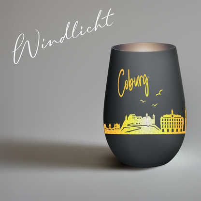 Hochwertiges Glas Windlicht mit Gravur "SKYLINE COBURG" in der Farbe Schwarz/Silber
