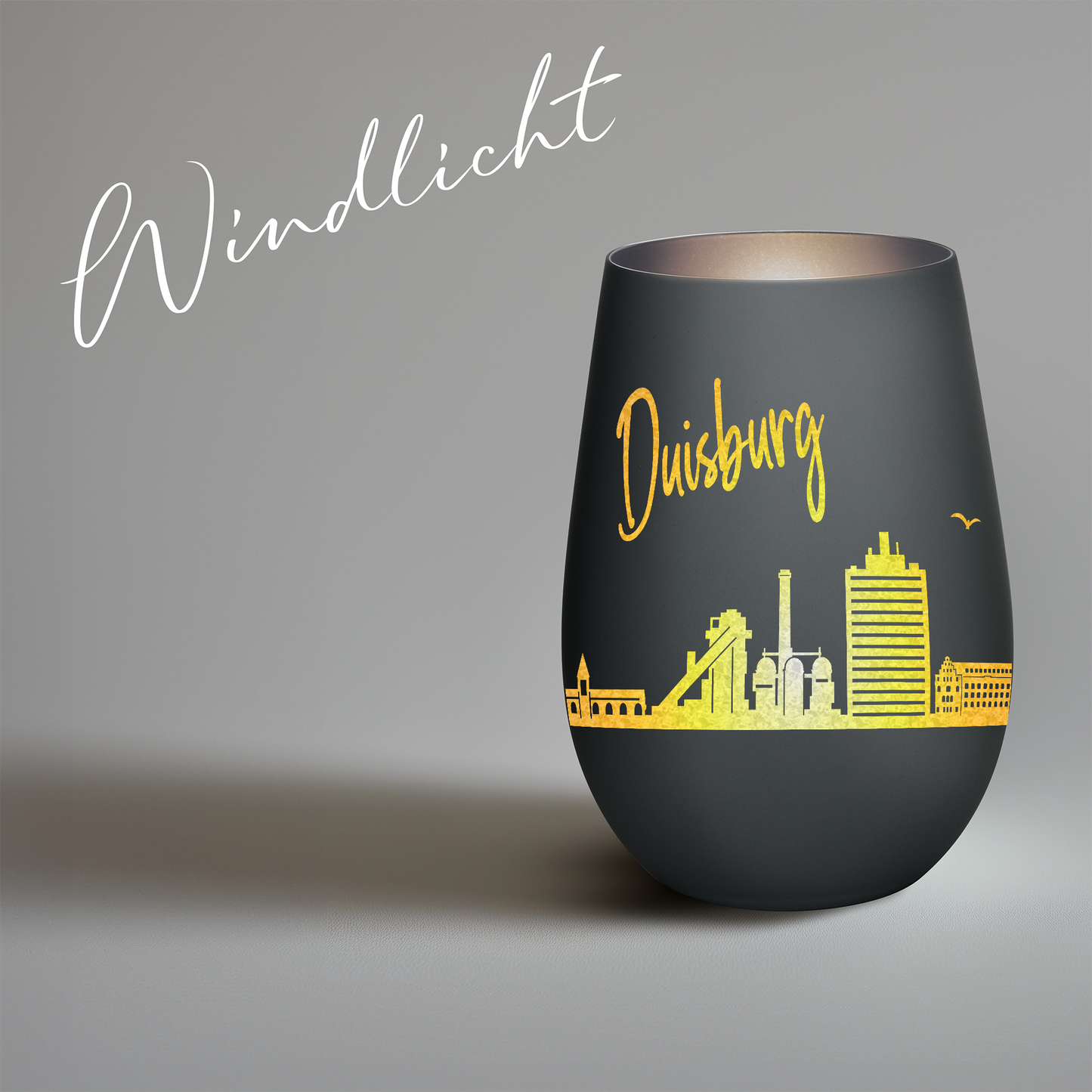Hochwertiges Glas Windlicht mit Gravur "SKYLINE DUISBURG" in der Farbe Schwarz/Silber