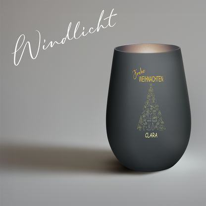 Hochwertiges Glas Windlicht mit Gravur "FROHE WEIHNACHTEN" mit Wunschname in der Farbe Schwarz/Silber