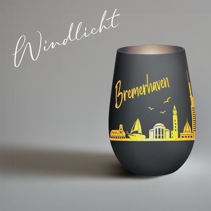 Hochwertiges Glas Windlicht mit Gravur "SKYLINE BREMERHAVEN" in der Farbe Schwarz/Silber