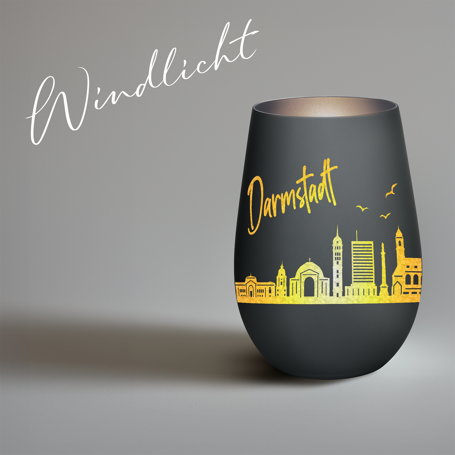 Hochwertiges Glas Windlicht mit Gravur "SKYLINE DARMSTADT" in der Farbe Schwarz/Silber