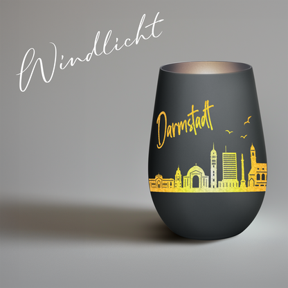 Hochwertiges Glas Windlicht mit Gravur "SKYLINE DARMSTADT" in der Farbe Schwarz/Silber