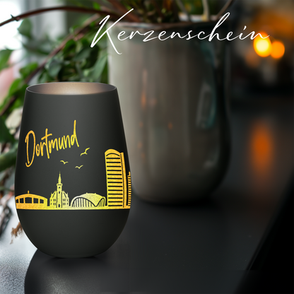 Hochwertiges Glas Windlicht mit Gravur "SKYLINE DORTMUND" in der Farbe Schwarz/Silber