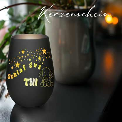Hochwertiges Glas Windlicht für Kinder mit Gravur "SCHLAF GUT" Motiv Elefant mit Wunschname in der Farbe Schwarz/Silber
