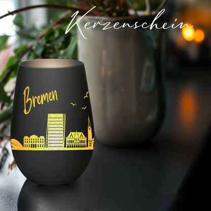 Hochwertiges Glas Windlicht mit Gravur "SKYLINE BREMEN" in der Farbe Schwarz/Silber