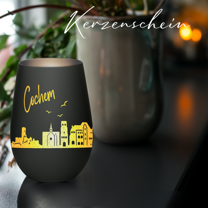 Hochwertiges Glas Windlicht mit Gravur "SKYLINE COCHEM" in der Farbe Schwarz/Silber