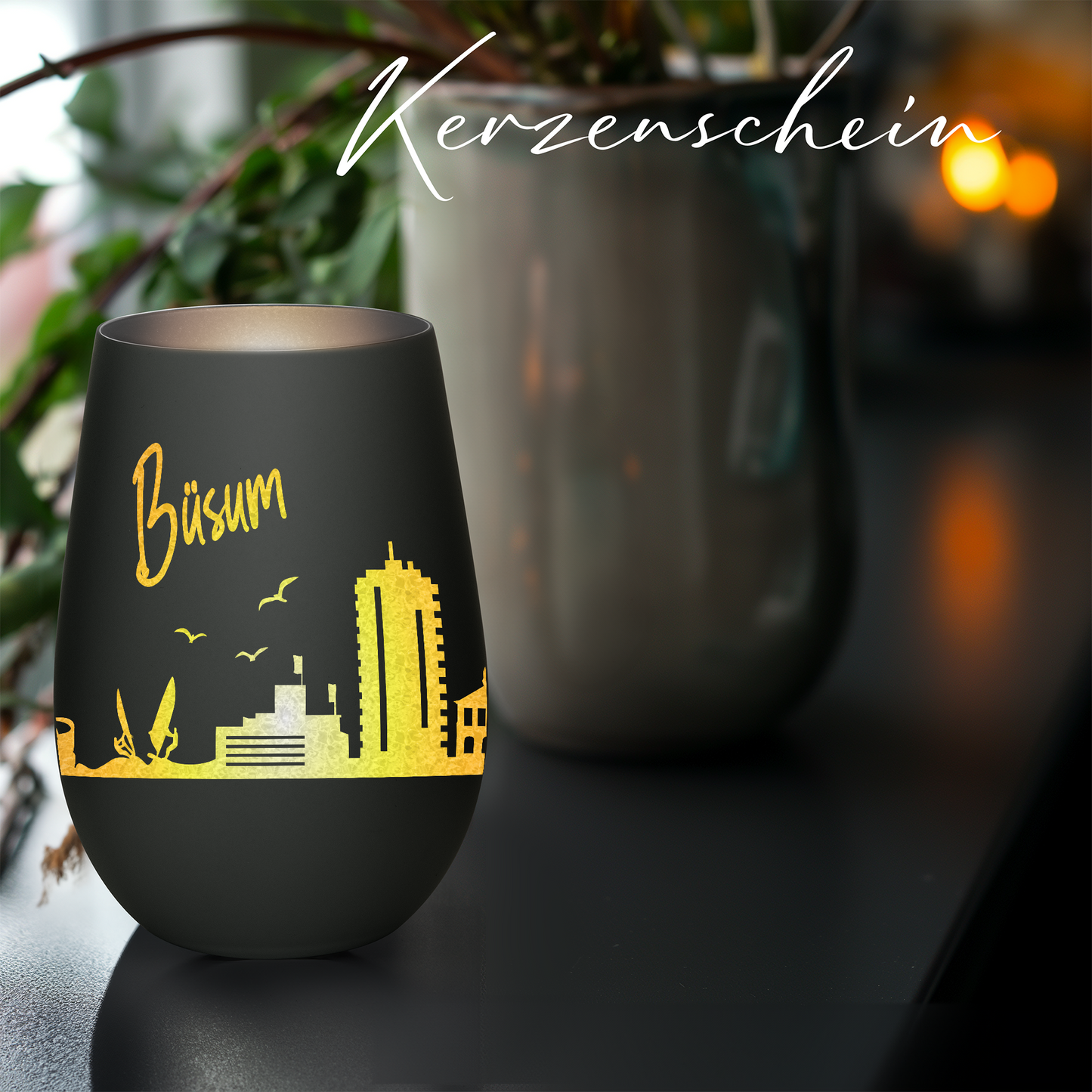 Hochwertiges Glas Windlicht mit Gravur "SKYLINE BÜSUM" in der Farbe Schwarz/Silber