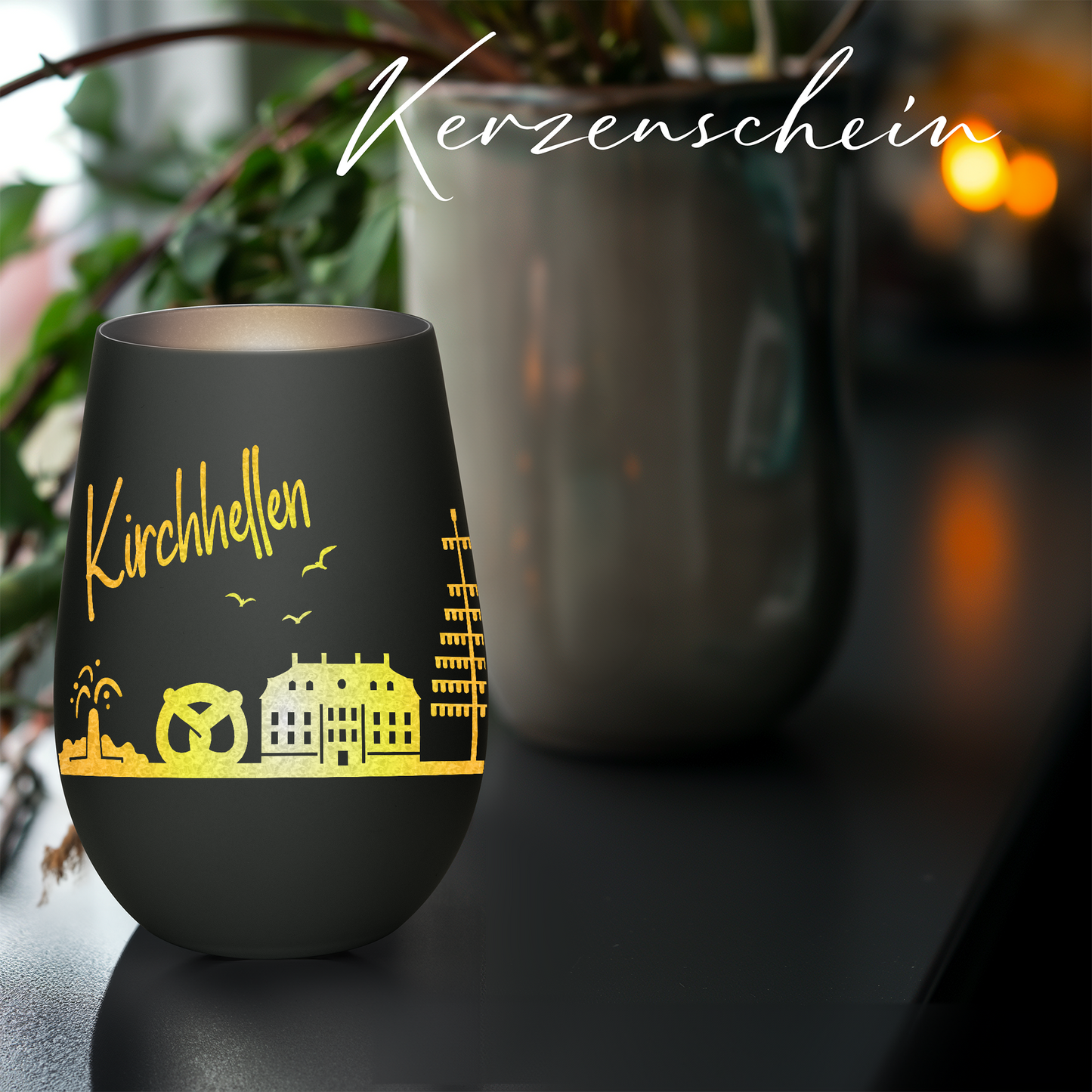 Hochwertiges Glas Windlicht mit Gravur "SKYLINE KIRCHHELLEN" in der Farbe Schwarz/Silber