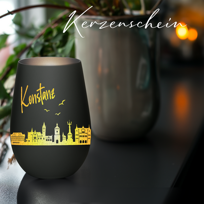 Hochwertiges Glas Windlicht mit Gravur "SKYLINE KONSTANZ" in der Farbe Schwarz/Silber