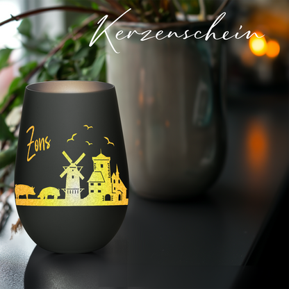 Hochwertiges Glas Windlicht mit Gravur "SKYLINE ZONS (DORMAGEN)" in der Farbe Schwarz/Silber
