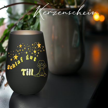 Hochwertiges Glas Windlicht für Kinder mit Gravur "SCHLAF GUT" Motiv Krokodil mit Wunschname in der Farbe Schwarz/Silber