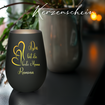 Hochwertiges Glas Windlicht mit Gravur "DU BIST DIE BESTE MAMA" mit Wunschname in der Farbe Schwarz/Silber