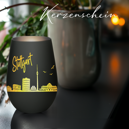 Hochwertiges Glas Windlicht mit Gravur "SKYLINE STUTTGART" in der Farbe Schwarz/Silber
