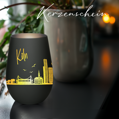 Hochwertiges Glas Windlicht mit Gravur "SKYLINE KÖLN" in der Farbe Schwarz/Silber