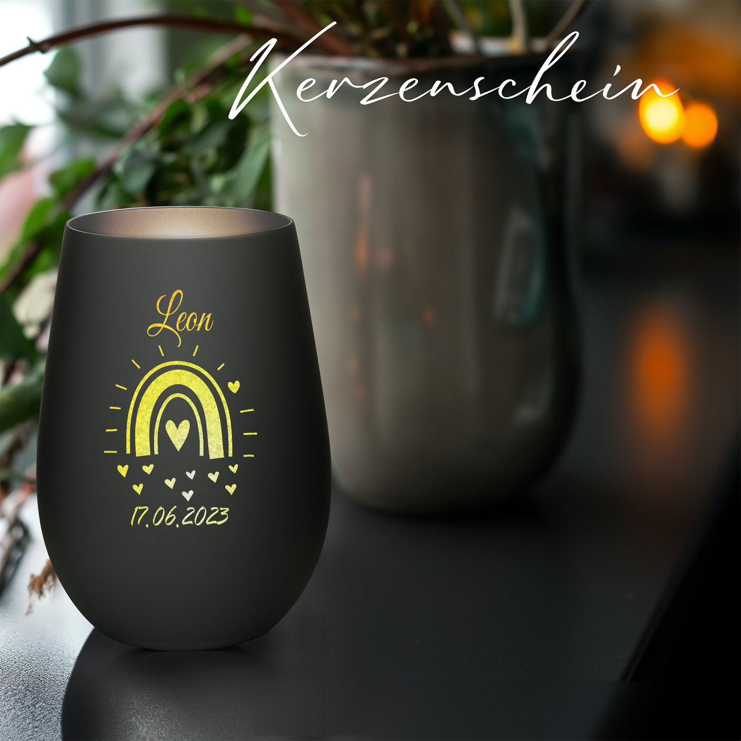 Hochwertiges Glas Windlicht mit Gravur "GEBURT MIT REGENBOGEN" mit Wunschname und Datum in der Farbe Schwarz/Silber