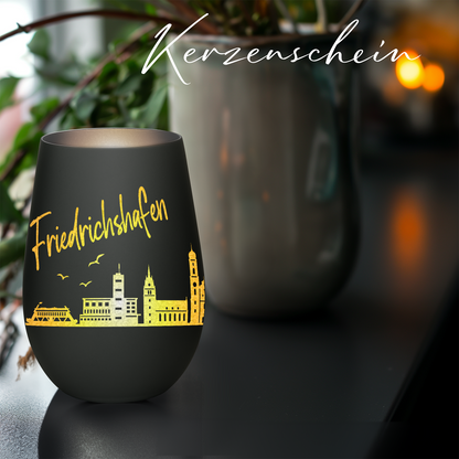 Hochwertiges Glas Windlicht mit Gravur "SKYLINE FRIEDRICHSHAFEN" in der Farbe Schwarz/Silber