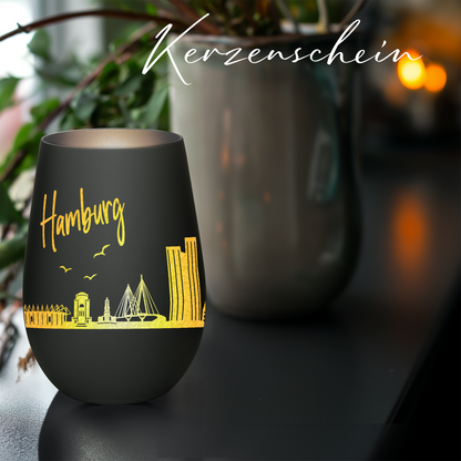 Hochwertiges Glas Windlicht mit Gravur "SKYLINE HAMBURG" in der Farbe Schwarz/Silber