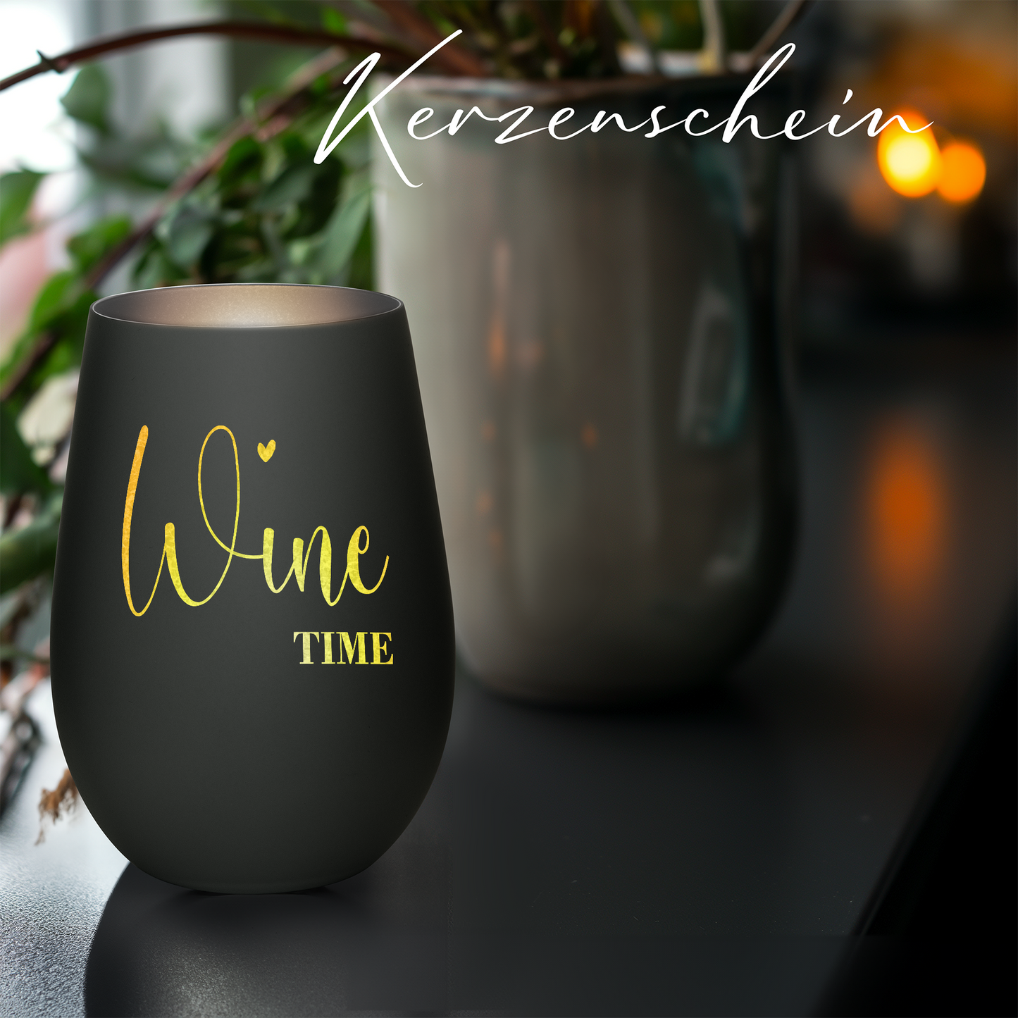 Hochwertiges Glas Windlicht mit Gravur "WINE TIME" in der Farbe Schwarz/Silber
