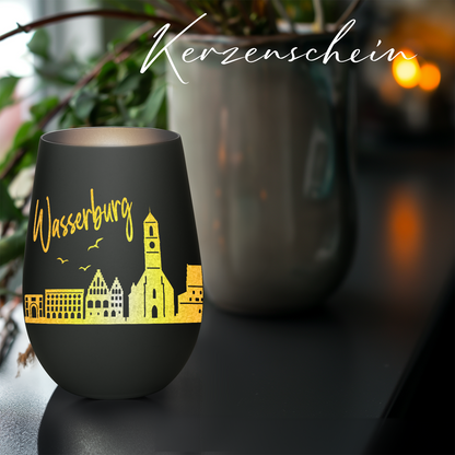 Hochwertiges Glas Windlicht mit Gravur "SKYLINE WASSERBURG" in der Farbe Schwarz/Silber