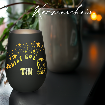 Hochwertiges Glas Windlicht für Kinder mit Gravur "SCHLAF GUT" Motiv Zebra mit Wunschname in der Farbe Schwarz/Silber