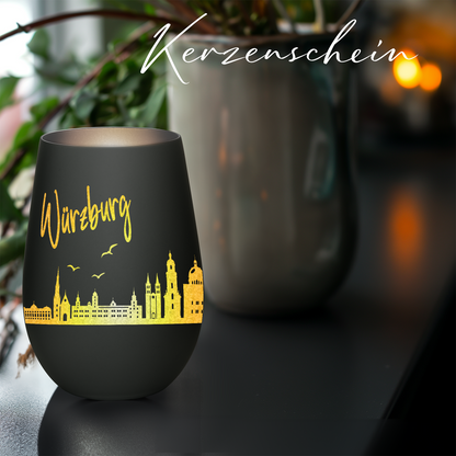 Hochwertiges Glas Windlicht mit Gravur "SKYLINE WÜRZBURG" in der Farbe Schwarz/Silber