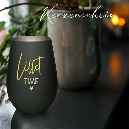 Hochwertiges Glas Windlicht mit Gravur "LILLET TIME" in der Farbe Schwarz/Silber