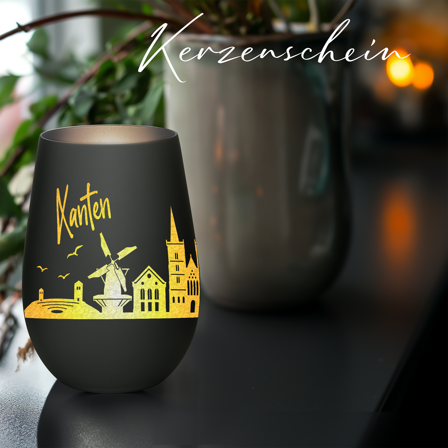 Hochwertiges Glas Windlicht mit Gravur "SKYLINE XANTEN" in der Farbe Schwarz/Silber