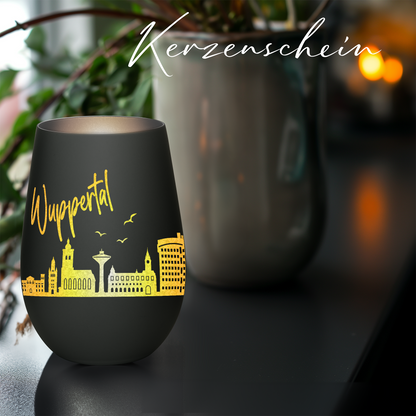 Hochwertiges Glas Windlicht mit Gravur "SKYLINE WUPPERTAL" in der Farbe Schwarz/Silber