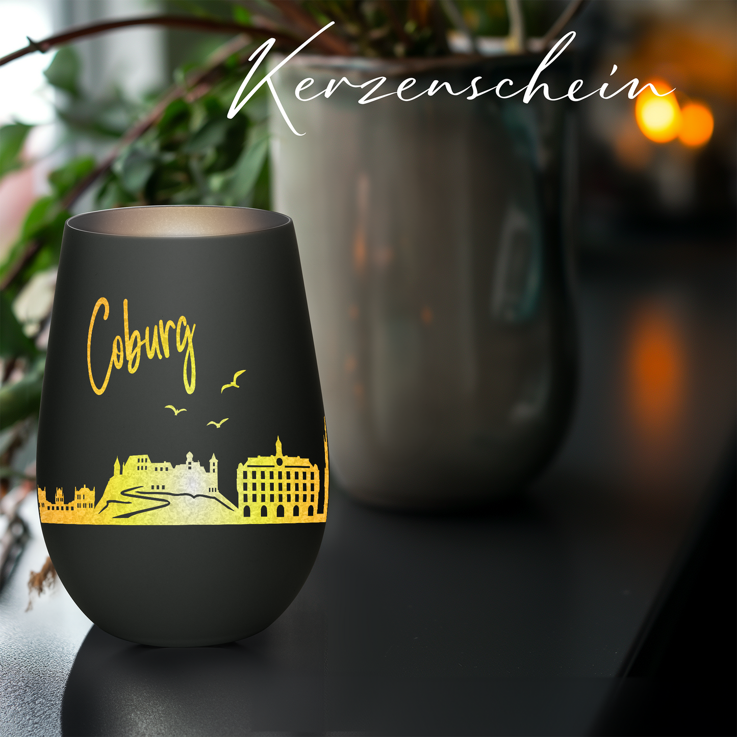 Hochwertiges Glas Windlicht mit Gravur "SKYLINE COBURG" in der Farbe Schwarz/Silber