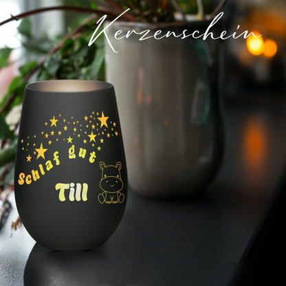 Hochwertiges Glas Windlicht für Kinder mit Gravur "SCHLAF GUT" Motiv Nilpferd mit Wunschname in der Farbe Schwarz/Silber