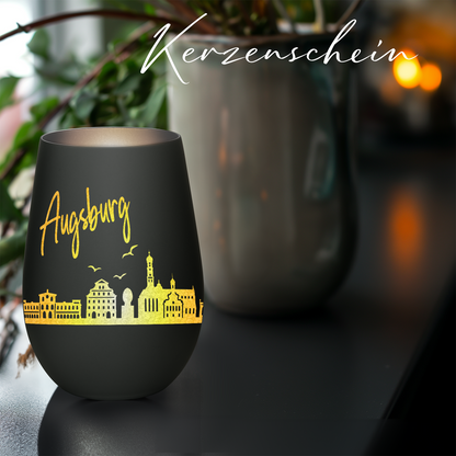 Hochwertiges Glas Windlicht mit Gravur "SKYLINE AUGSBURG" in der Farbe Schwarz/Silber