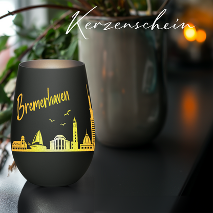 Hochwertiges Glas Windlicht mit Gravur "SKYLINE BREMERHAVEN" in der Farbe Schwarz/Silber