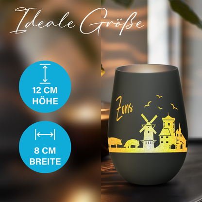 Hochwertiges Glas Windlicht mit Gravur "SKYLINE ZONS (DORMAGEN)" in der Farbe Schwarz/Silber