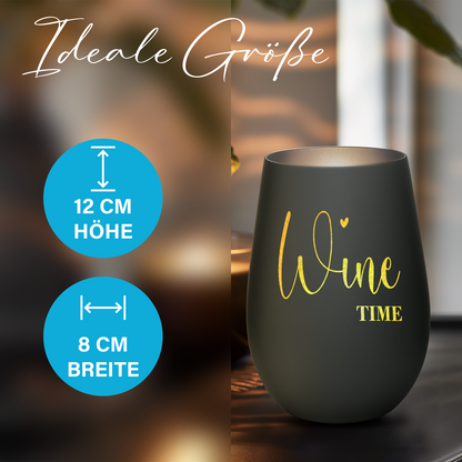 Hochwertiges Glas Windlicht mit Gravur "WINE TIME" in der Farbe Schwarz/Silber