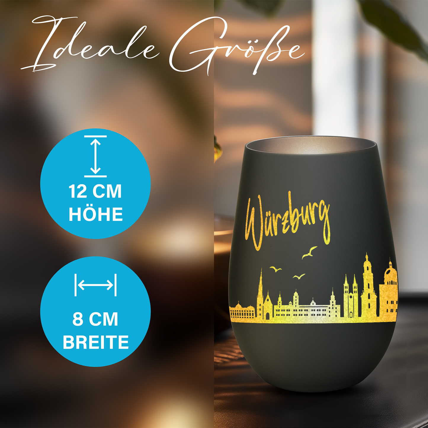 Hochwertiges Glas Windlicht mit Gravur "SKYLINE WÜRZBURG" in der Farbe Schwarz/Silber