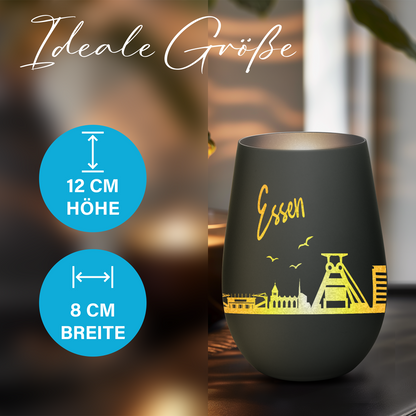 Hochwertiges Glas Windlicht mit Gravur "SKYLINE ESSEN" in der Farbe Schwarz/Silber