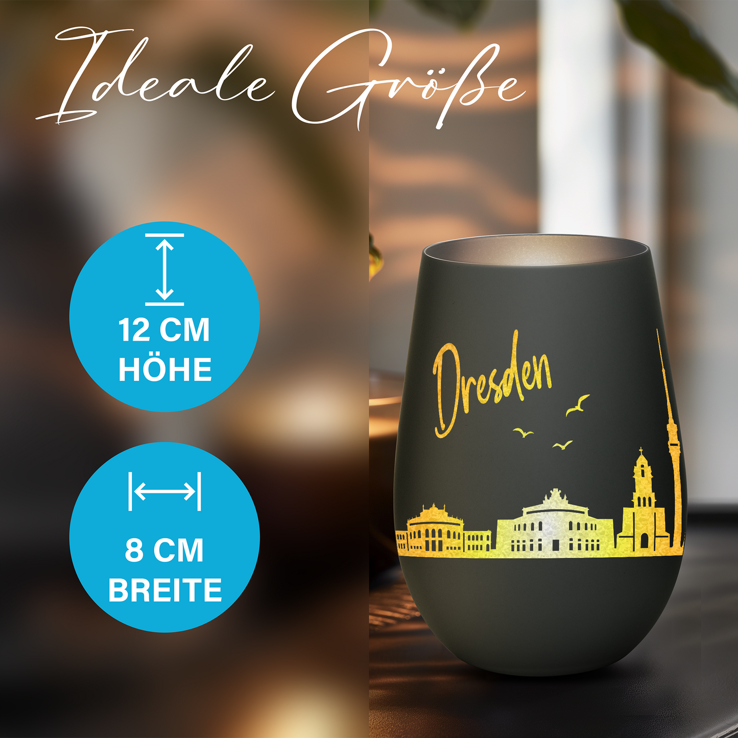 Hochwertiges Glas Windlicht mit Gravur "SKYLINE DRESDEN" in der Farbe Schwarz/Silber