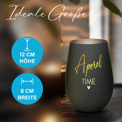 Hochwertiges Glas Windlicht mit Gravur "APEROL TIME" in der Farbe Schwarz/Silber
