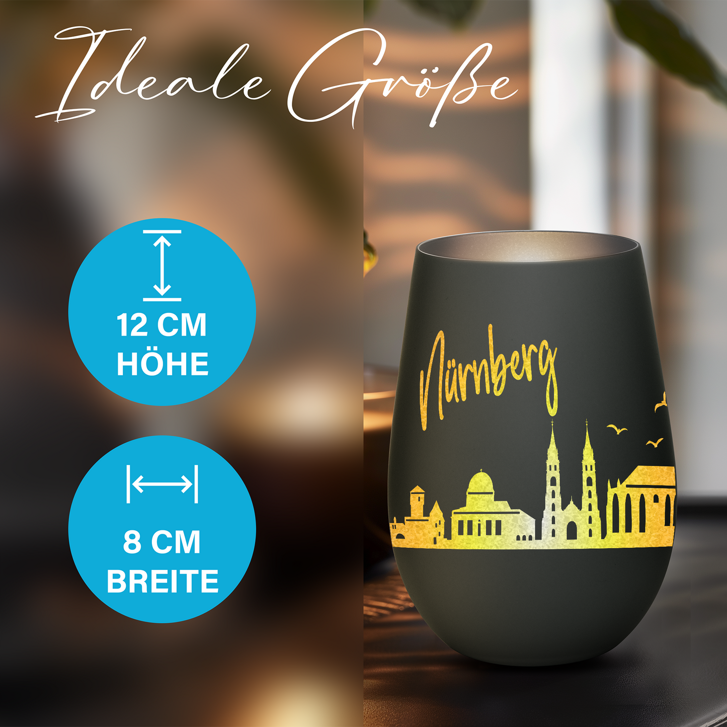 Hochwertiges Glas Windlicht mit Gravur "SKYLINE NÜRNBERG" in der Farbe Schwarz/Silber