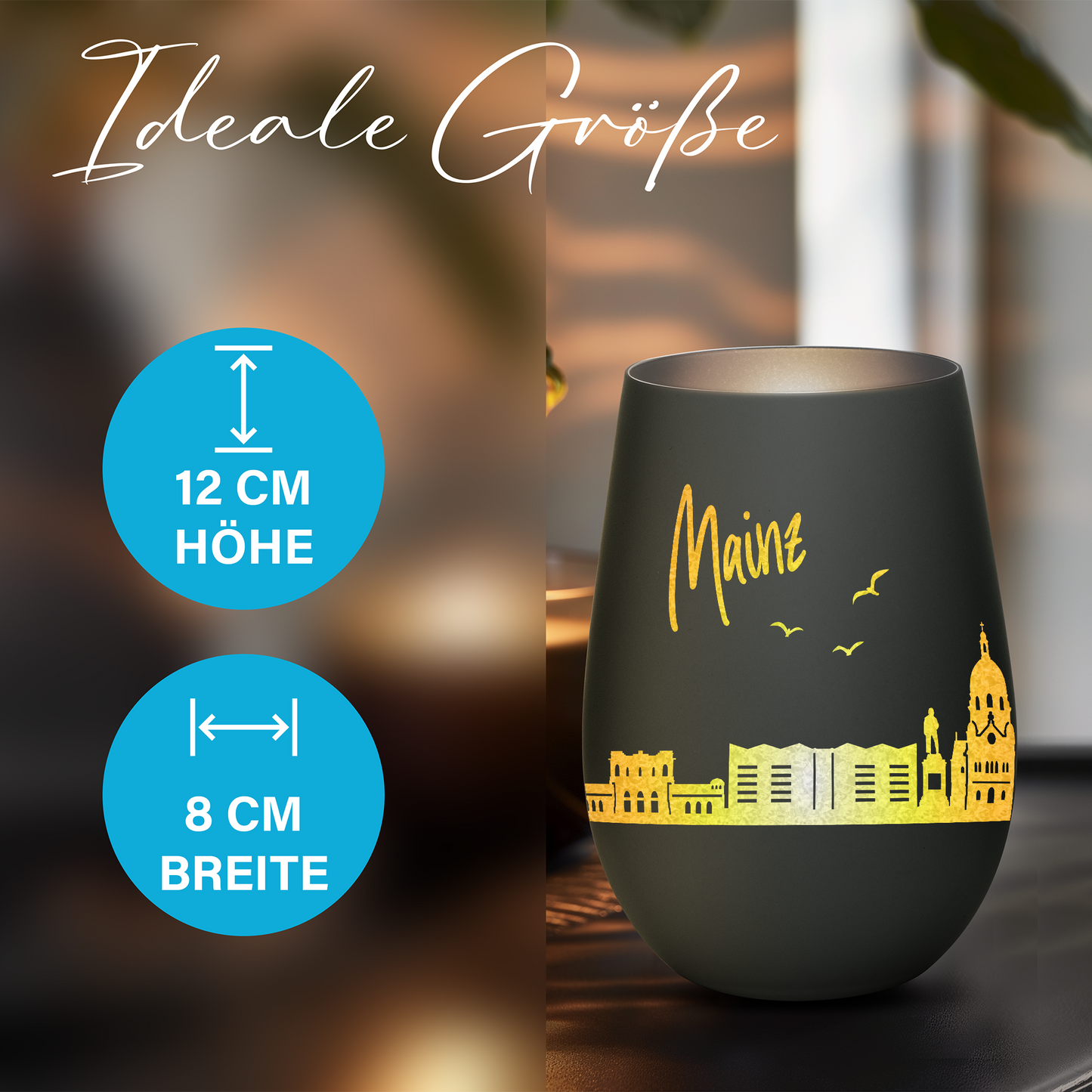 Hochwertiges Glas Windlicht mit Gravur "SKYLINE MAINZ" in der Farbe Schwarz/Silber
