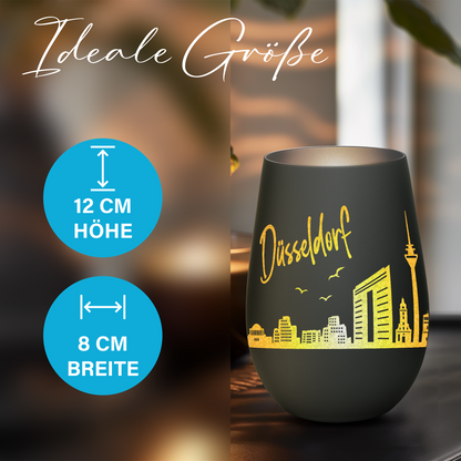 Hochwertiges Glas Windlicht mit Gravur "SKYLINE DÜSSELDORF" in der Farbe Schwarz/Silber