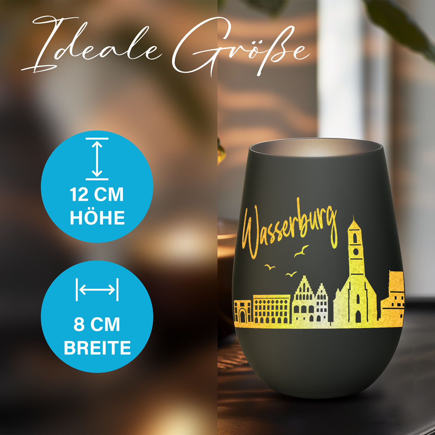 Hochwertiges Glas Windlicht mit Gravur "SKYLINE WASSERBURG" in der Farbe Schwarz/Silber