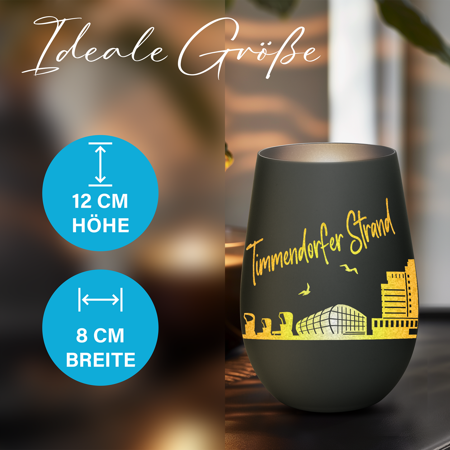 Hochwertiges Glas Windlicht mit Gravur "SKYLINE TIMMENDORFER STRAND" in der Farbe Schwarz/Silber