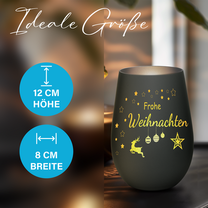 Hochwertiges Glas Windlicht mit Gravur "FROHE WEIHNACHTEN" in der Farbe Schwarz/Silber