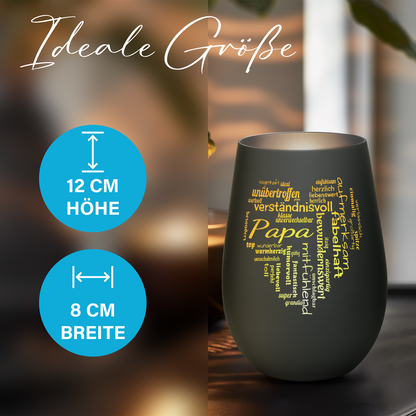 Hochwertiges Glas Windlicht mit Gravur "PAPA GROßES HERZ" in der Farbe Schwarz/Silber