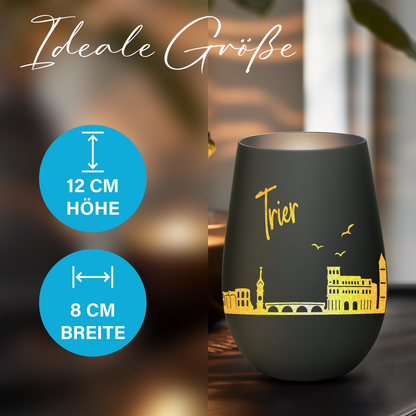 Hochwertiges Glas Windlicht mit Gravur "SKYLINE TRIER" in der Farbe Schwarz/Silber