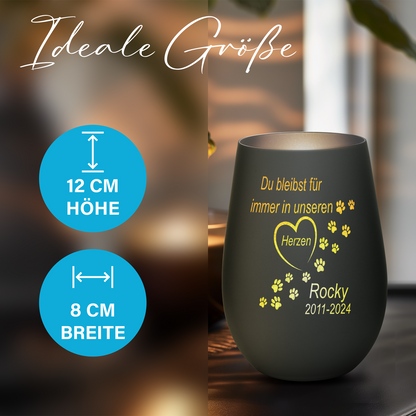 Hochwertiges Glas Windlicht als Trauerlicht für deinen Hund oder Katze "DU BLEIBST FÜR IMMER IN UNSEREN HERZEN" mit Wunschname in der Farbe Schwarz/Silber
