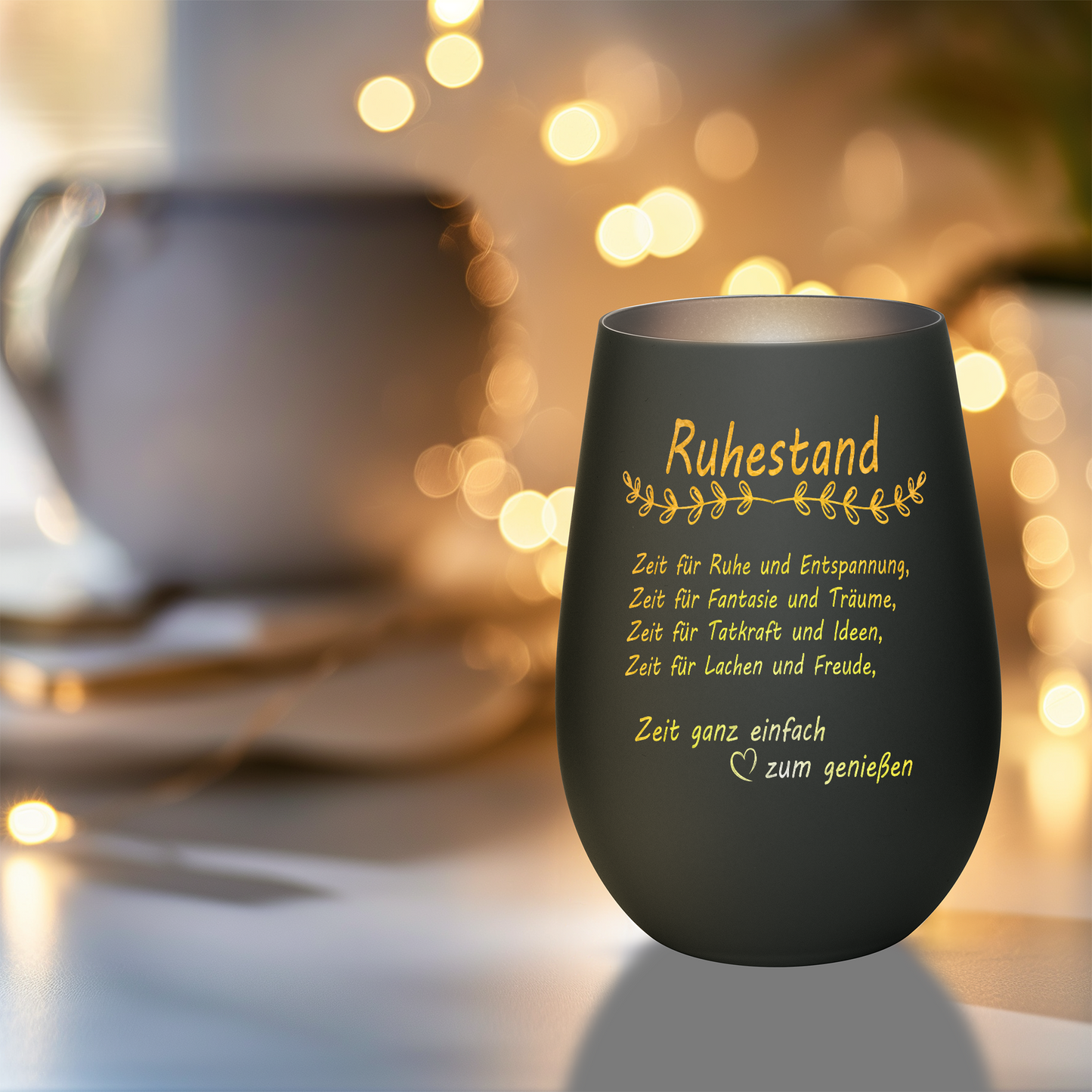 Hochwertiges Glas Windlicht mit Gravur "ALLES GUTE ZUM RUHESTAND" in der Farbe Schwarz/Silber