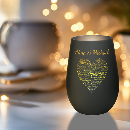 Hochwertiges Glas Windlicht mit Gravur "I LOVE YOU" mit Wunschnamen in der Farbe Schwarz/Silber
